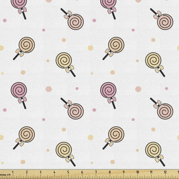 Cartoon Fabric by the Yard, Lollipop Candies on Polka Dots Birthday Celebration Themed Art, Upholstery Fabric for Dining Chairs Home Decor Accents, Peach Pink and White by Ambesonne