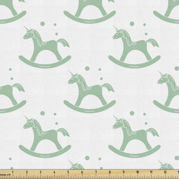 Cartoon Fabric by the Yard, Monochrome Rocking Unicorn Chairs Bubbles Shower Pony, Upholstery Fabric for Dining Chairs Home Decor Accents, Almond Green White by Ambesonne