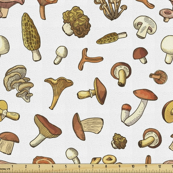 Ambesonne Cartoon Fabric by the Yard Upholstery, Various Mushrooms Scattered, 2 Yards, Redwood Burnt Sienna
