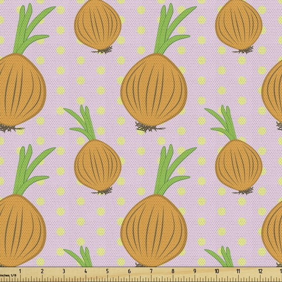 Ambesonne Cartoon Fabric by the Yard Upholstery, Onions on Polka Dots, 1 Yard, Pale Pink Multicolor