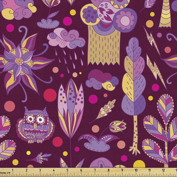 Cartoon Fabric by the Yard, Ornamental Colorful Abstract Flowers Owls Clouds Leafs Spots Illustration, Decorative Upholstery Fabric for Chairs & Home Accents, Maroon Yellow Lilac by Ambesonne