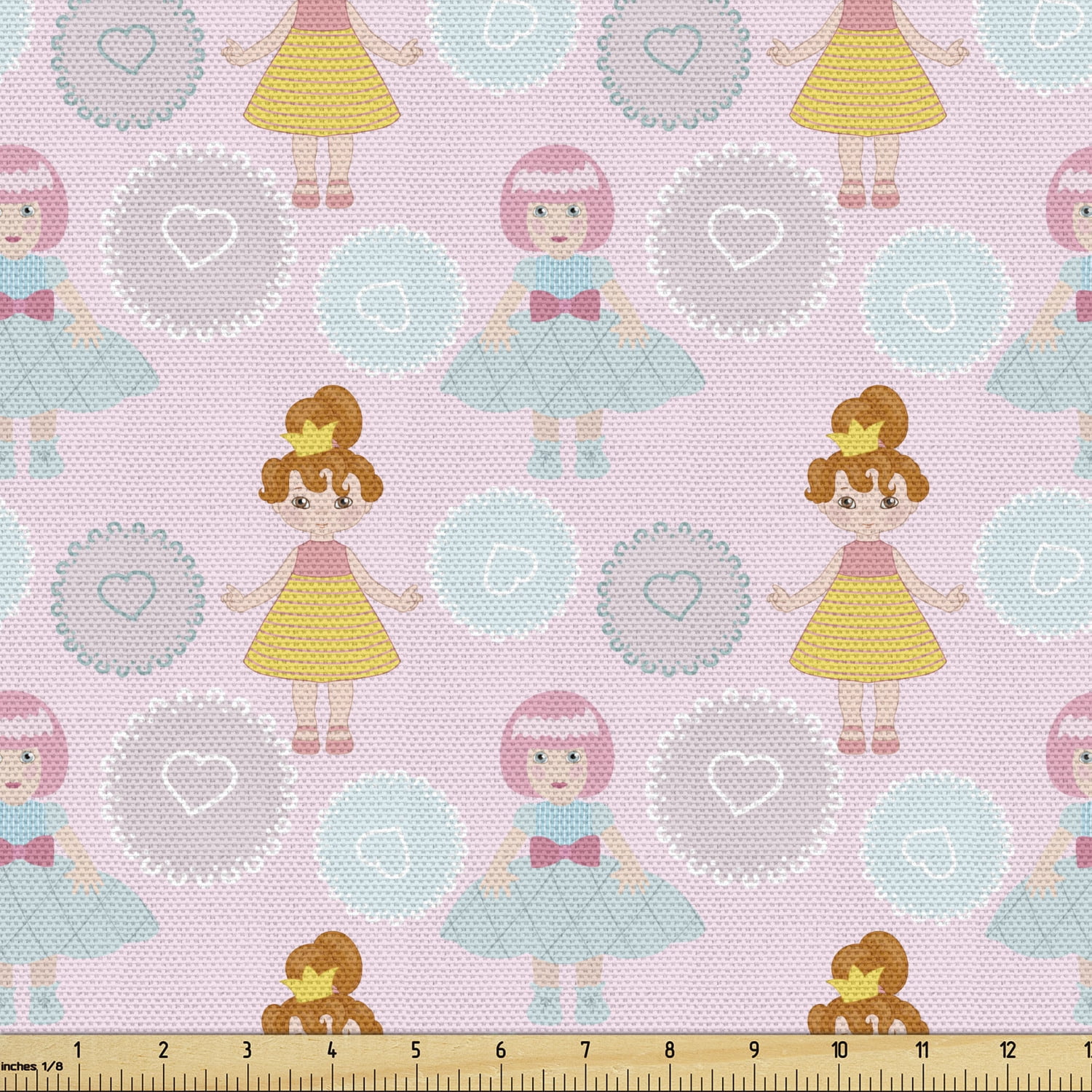 Ambesonne Cartoon Fabric by the Yard Upholstery, Dolls and Hearts in ...
