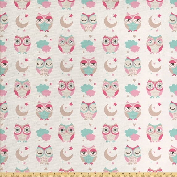 Ambesonne Cartoon Fabric by the Yard Upholstery, Night Time Owls Moon Fun, 10 Yards, Seafoam Pink and Tan
