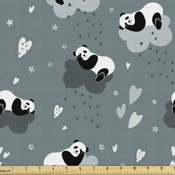 Ambesonne Cartoon Fabric by the Yard Upholstery, Pandas Sleeping on Clouds, 1 Yard, Multicolor