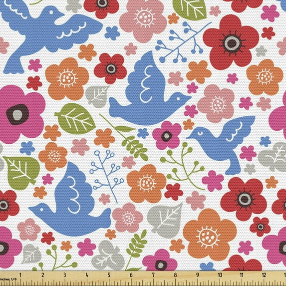 Ambesonne Cartoon Fabric by the Yard Upholstery, Pastoral Leaves and Flower, 3 Yards, Multicolor