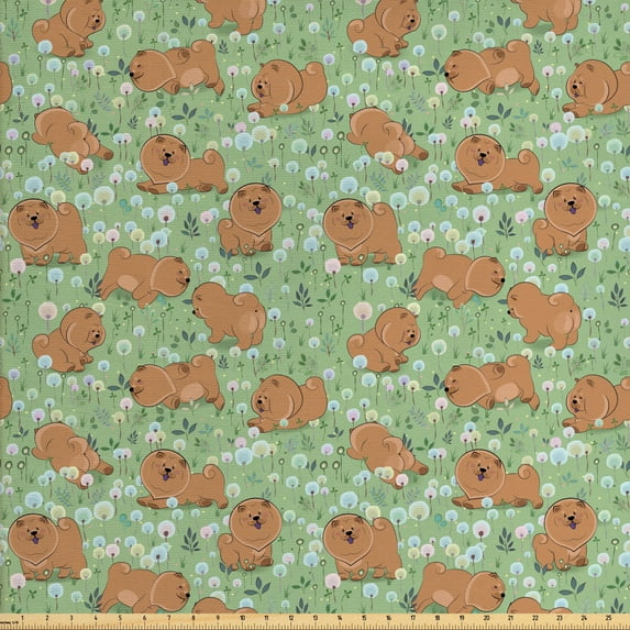 Ambesonne Cartoon Fabric by the Yard Upholstery, Chinese Animal Chow Chow, 5 Yards, Camel Pistachio Green