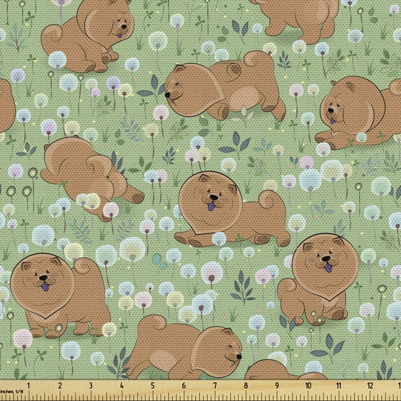 Ambesonne Cartoon Fabric by the Yard Upholstery, Chinese Animal Chow Chow, 1 Yard, Camel Pistachio Green