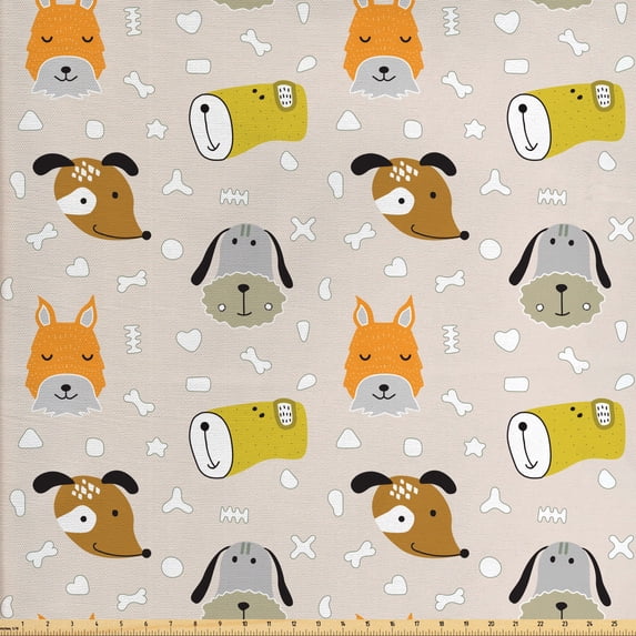 Ambesonne Cartoon Fabric by the Yard Upholstery, Dog Faces, 5 Yards, Multicolor