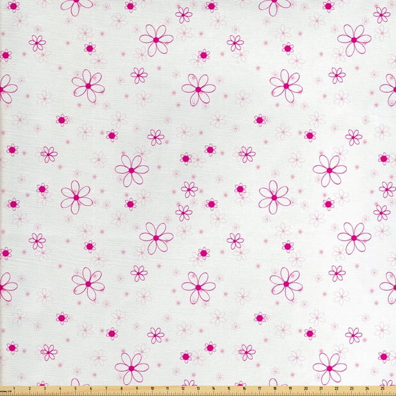 Ambesonne Spring Fabric by the Yard Upholstery, Pattern with Flowers, 5 Yards, Magenta Fuchsia White