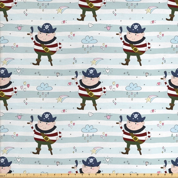 Ambesonne Cartoon Fabric by the Yard Upholstery, Pirate on Stripes, 10 Yards, Pale Blue Multicolor