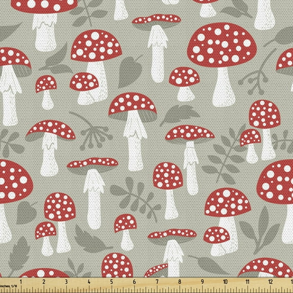 Ambesonne Cartoon Fabric by the Yard Upholstery, Poisonous Amanita Leaves, 10 Yards, Pale Sage Green White