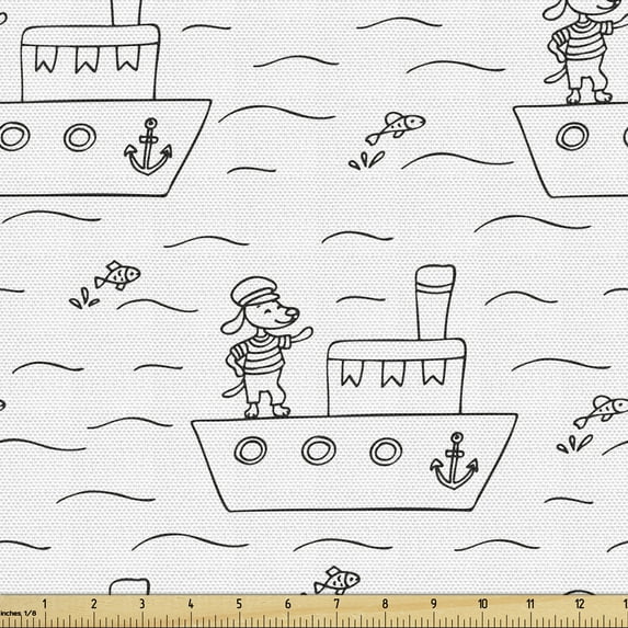 Cartoon Fabric by the Yard, Puppy Captain on a Ship Cruising in Sea Humor Dogs Outline Design, Decorative Upholstery Fabric for Sofas and Home Accents, Charcoal Grey White by Ambesonne
