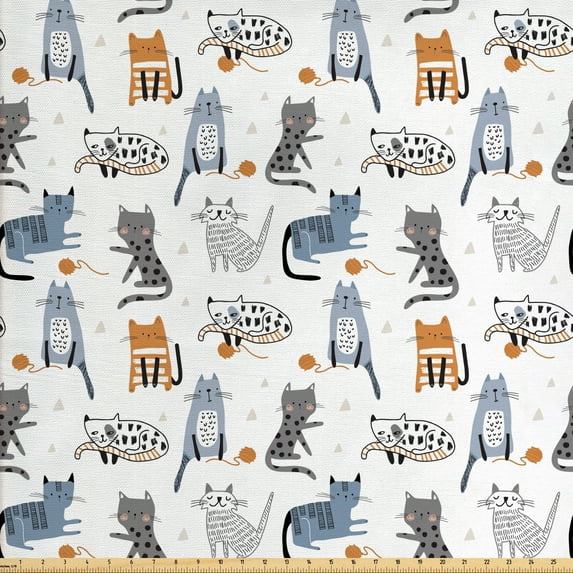 Ambesonne Cartoon Fabric by the Yard Upholstery, Sketchy Kittens, 2 Yards, White Multicolor