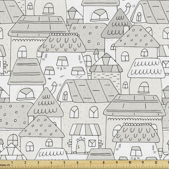 Ambesonne Cartoon Fabric by the Yard Upholstery, Town Houses in Muted Tones, 1 Yard, Pale Eggshell and White