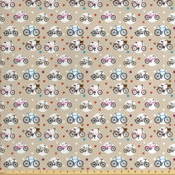 Ambesonne Cartoon Fabric by the Yard Upholstery, Bike Heart and Dots, 3 Yards, Beige and White