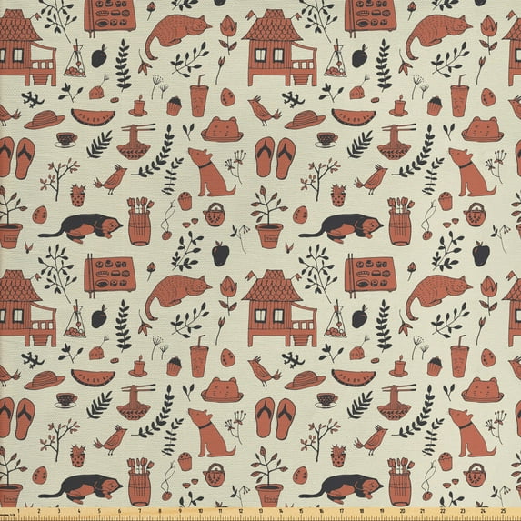 Cartoon Fabric by the Yard, Sandals Coffee Animal Drawings Watermelon Apple Cupcakes Creative, Decorative Upholstery Fabric for Sofas and Home Accents, Salmon Night Blue by Ambesonne