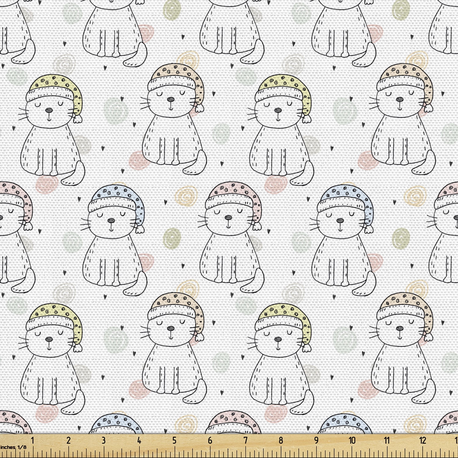 Cartoon Fabric by the Yard, Sleepy Cat Colorful Hats Night Time Night ...