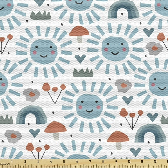 Ambesonne Cartoon Fabric by the Yard Upholstery, Smiling Sun Shower, 3 Yards, Pale Azure Blue Coral