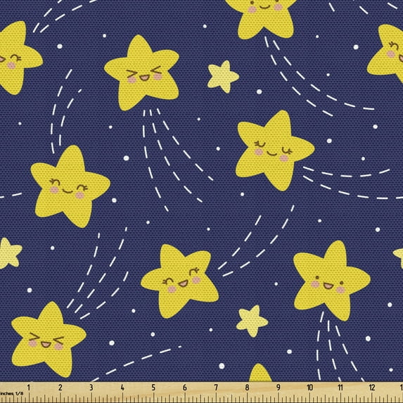 Ambesonne Cartoon Fabric by the Yard Upholstery, Happy Night Stars, 3 Yards, Indigo and Yellow