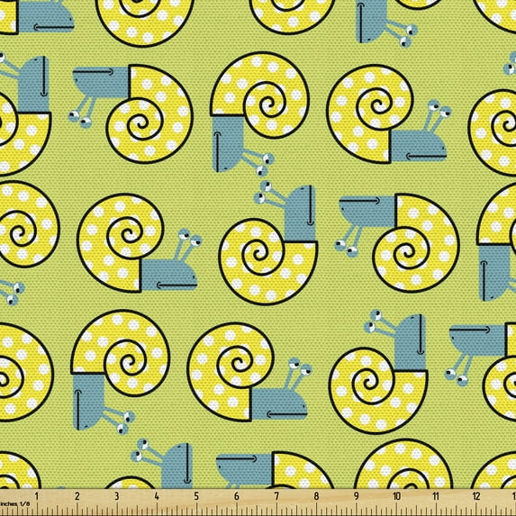 Ambesonne Cartoon Fabric by the Yard Upholstery, Snails with Dotted Shells, 1 Yard, Pale Green and Multicolor