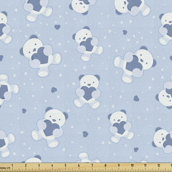Cartoon Fabric by the Yard, Teddy Bears Blue Backdrop Holding Hearts Shower Theme Toddler, Decorative Upholstery Fabric for Chairs & Home Accents, Cadet Blue Pale Blue by Ambesonne