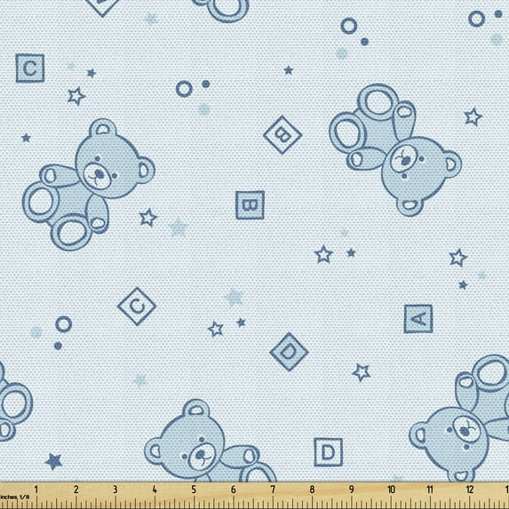Ambesonne Cartoon Fabric by the Yard Upholstery, Bears and Letters Cold Tone, 1 Yard, Pale Blue Aqua