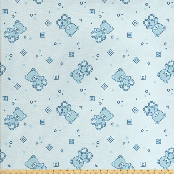 Cartoon Fabric by the Yard, Teddy Bears and Toys with Letters on Imagery Blue Background, Decorative Upholstery Fabric for Chairs & Home Accents, Pale Blue Aqua by Ambesonne