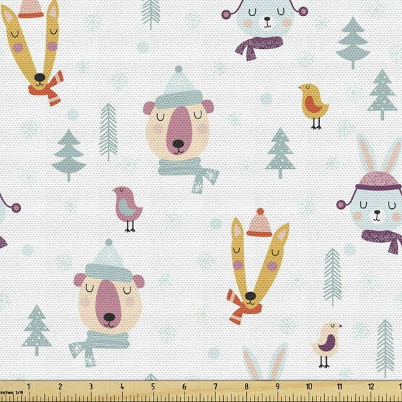 Ambesonne Cartoon Fabric by the Yard Upholstery, Winter Bear Bunny and Fox, 1 Yard, Multicolor