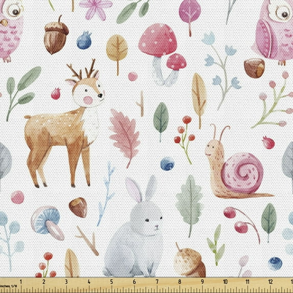 Ambesonne Cartoon Fabric by the Yard Upholstery, Deer Snail Owl, 1 Yard, Multicolor
