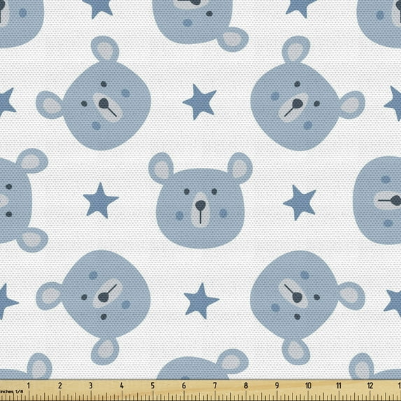 Ambesonne Cartoon Fabric by the Yard Upholstery, Bear Heads and Star Shapes, 5 Yards, Pale Slate Blue