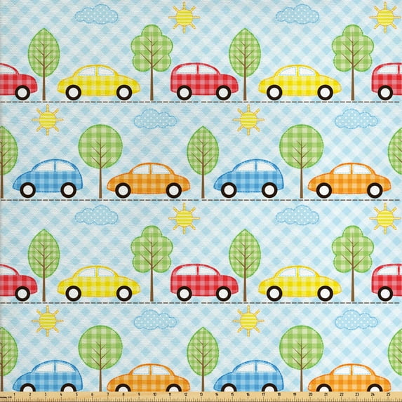 Ambesonne Cartoon Fabric by the Yard Upholstery, Checkered Cars with Trees, 3 Yards, Multicolor