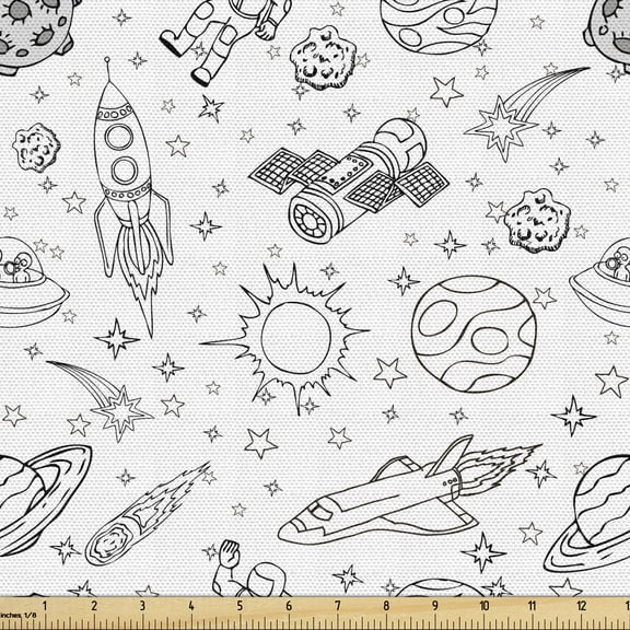 Cartoon Fabric by the Yard Upholstery, Doodle Solar System Astronauts Space Crafts Shooting Stars Science Fiction Theme, Decorative Fabric for DIY and Home Accents, White Black by Ambesonne