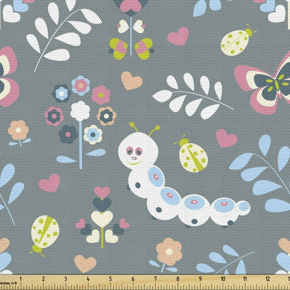 Ambesonne Cartoon Fabric by the Yard Upholstery, Earth Worms Motif, 2 Yards, Grey Multicolor