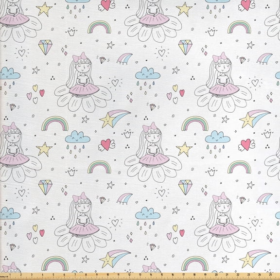 Ambesonne Cartoon Fabric by the Yard Upholstery, Colorful Floral Girl Motif, 10 Yards, White and Multicolor