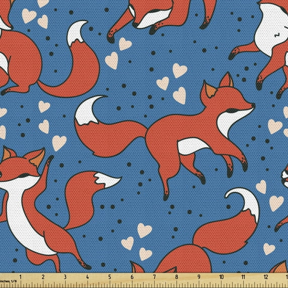 Ambesonne Cartoon Fabric by the Yard Upholstery, Fox Heart Dots, 1 Yard, Dark Salmon Azure Blue