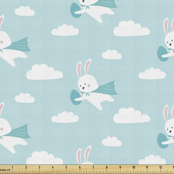 Cartoon Fabric by the Yard Upholstery, Funny Super Hero Rabbit Flying in the Sky Balloons Between Fluffy Clouds, Decorative Fabric for DIY and Home Accents, Pale Blue White by Ambesonne