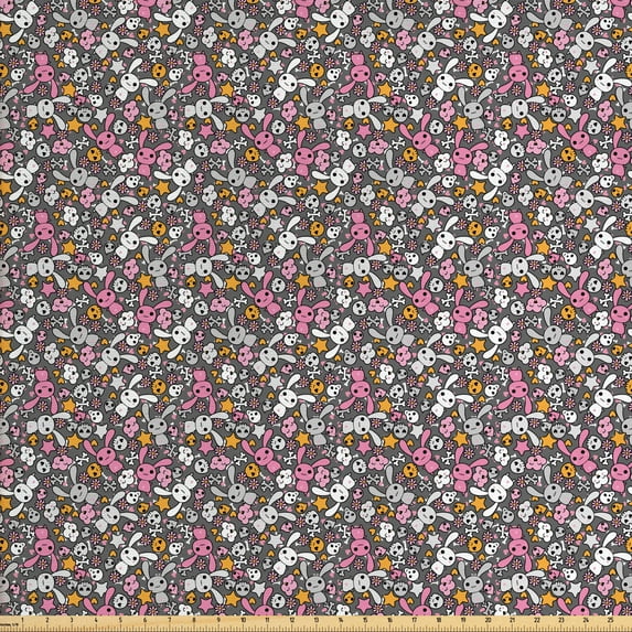 Ambesonne Cartoon Fabric by the Yard Upholstery, Kawai Bunnies Clouds, 3 Yards, Multicolor