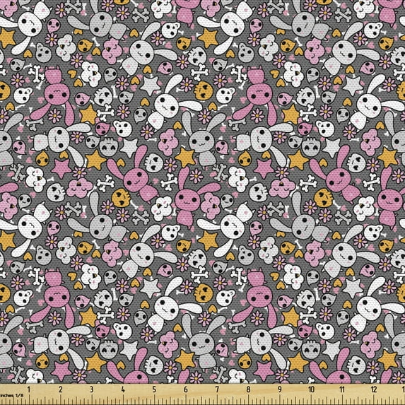 Ambesonne Cartoon Fabric by the Yard Upholstery, Kawai Bunnies Clouds, 1 Yard, Multicolor