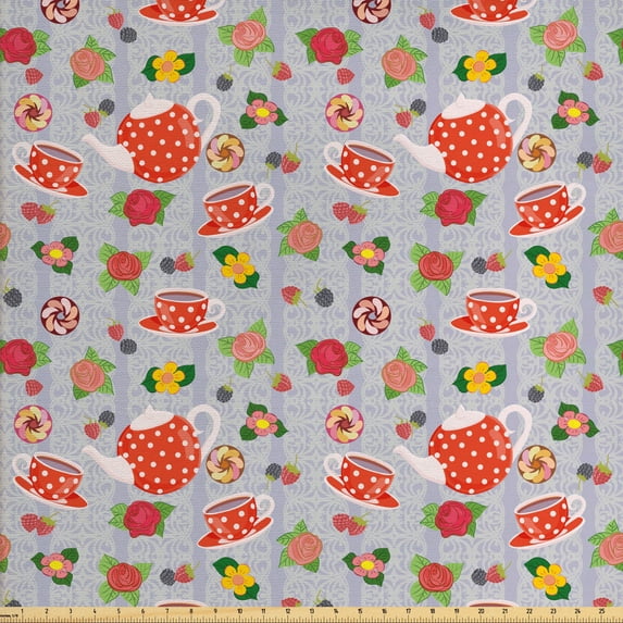 Cartoon Fabric by the Yard Upholstery, Cartoon Like Tea Pots with Retro Polka Dots in Orange Colored Flowers Art Print, Decorative Fabric for DIY and Home Accents, Multicolor by Ambesonne