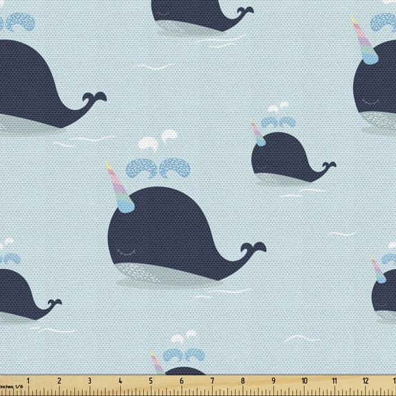 Ambesonne Cartoon Fabric by the Yard Upholstery, Unicorn Whale, 3 Yards, Pale Blue Multicolor