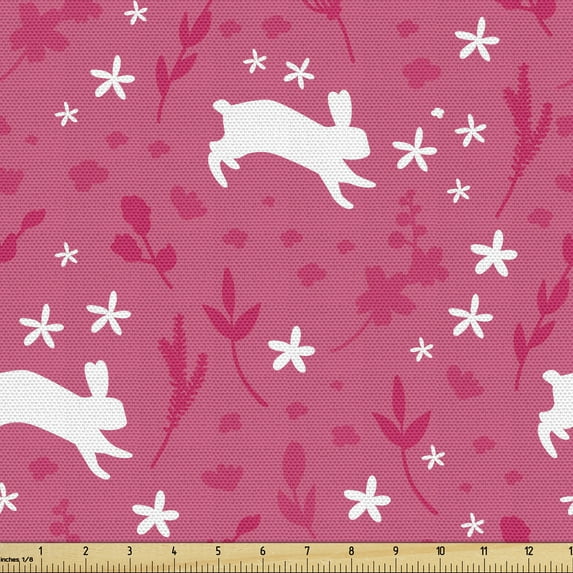 Ambesonne Cartoon Fabric by the Yard Upholstery, Rabbits Jumping Around, 1 Yard, Hot Pink and White