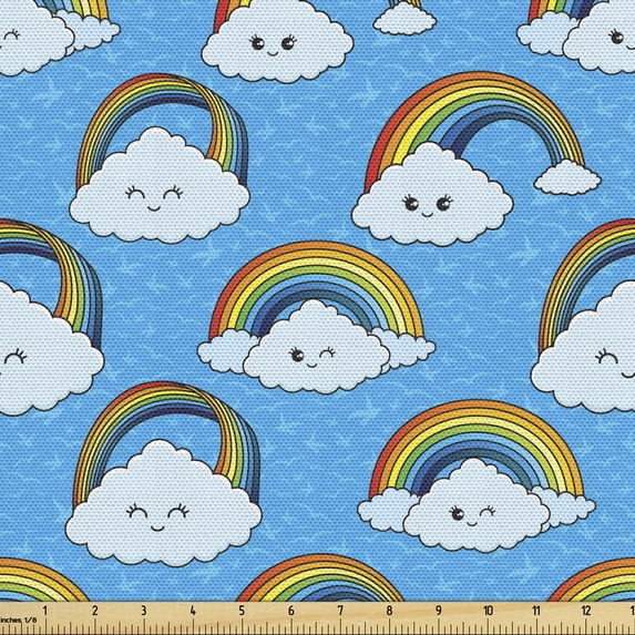 Ambesonne Cartoon Fabric by the Yard Upholstery, Happy Clouds and Rainbows, 1 Yard, Multicolor