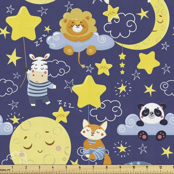 Ambesonne Cartoon Fabric by the Yard Upholstery, Sleeping Animals Cartoon, 5 Yards, Multicolor