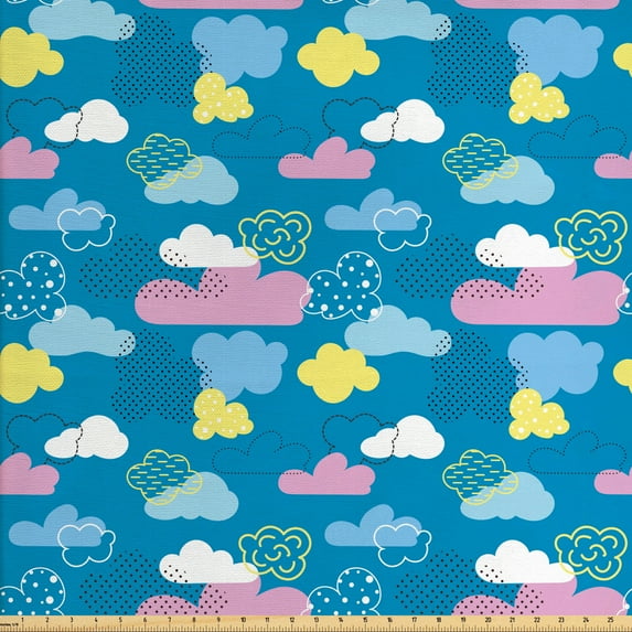 Ambesonne Cartoon Fabric by the Yard Upholstery, Style Clouds Dots, 2 Yards, Sea Blue Pastel Yellow