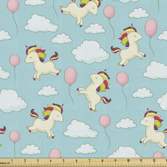 Ambesonne Cartoon Fabric by the Yard Upholstery, Rainbow Mane Unicorn, 1 Yard, Turquoise Multicolor
