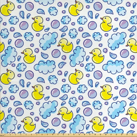 Ambesonne Cartoon Fabric by the Yard Upholstery, Watercolor Bubbles Ducks, 3 Yards, Yellow Lilac and Blue
