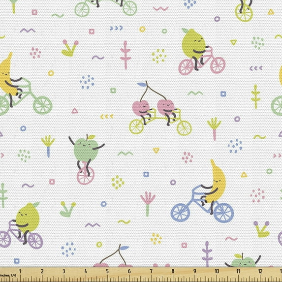 Ambesonne Cartoon Fabric by the Yard Upholstery, Whimsical Fruits on Bikes, 2 Yards, White Multicolor