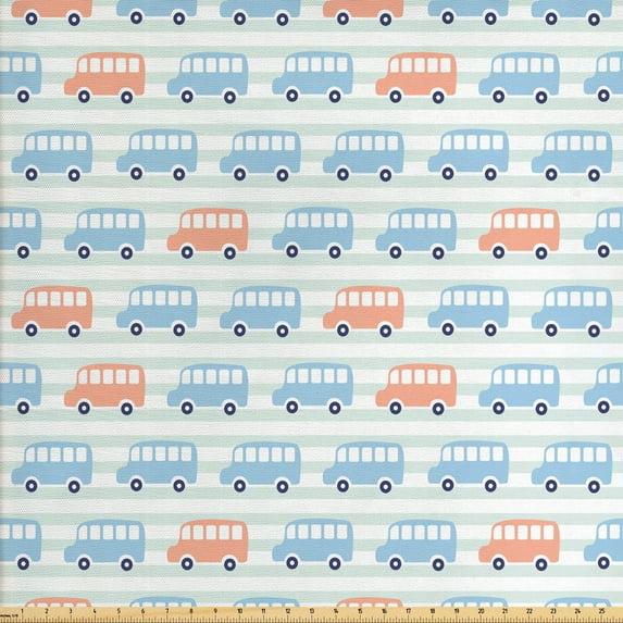 Ambesonne Cartoon Fabric by the Yard Upholstery, Theme Buses to Left, 10 Yards, Cadet Blue Peach