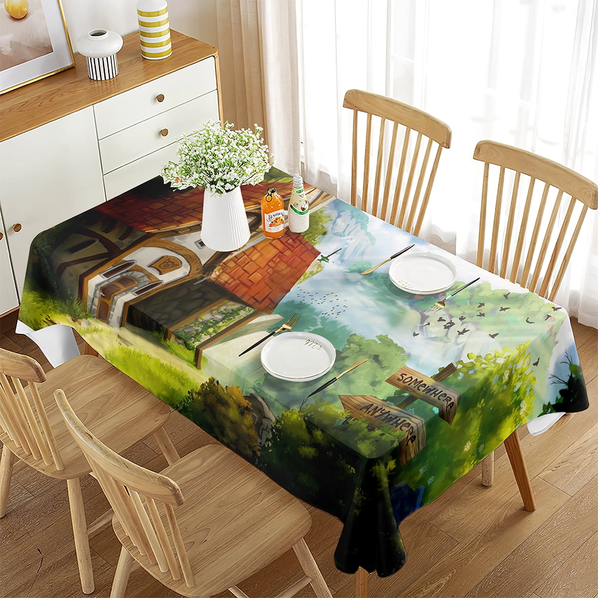 Cartoon Fairy Tale Hedge House Tablecloth Rectangular Table Cover for