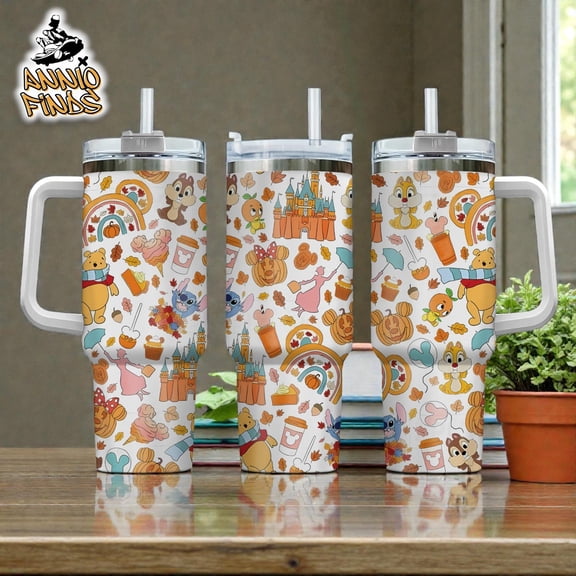 Cartoon Fall 40oz Tumbler With Handle and Straw, Cozy Autumn Woodland Bear Travel Mug